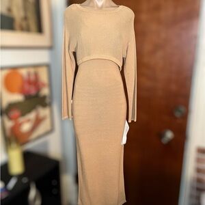 BCBGMaxAzria delicate knit Tan Long Sleeve 2 piece sweater tank Dress